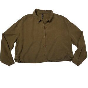 Cropped Button Down Shirt Long Sleeve Army Green Medium Zara TRF Collared Blouse